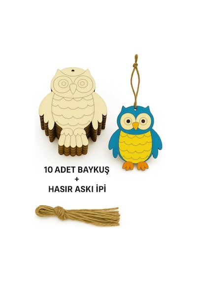 Baykuş 10 Adet Ahşap Boyama Etkinlik Seti Eğitici Çocuk Aktivite + Fırça + Akrilik Boya Kreş Okul