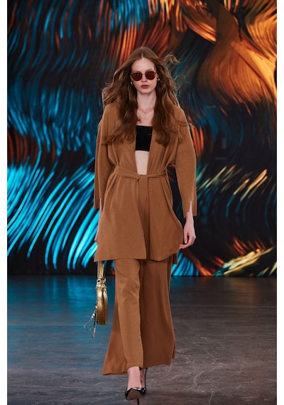 Sherin Camel Düz Yakalı Basic Triko Hırka - Camel