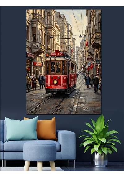 Yağmurlu Şehirde Kırmızı İstanbul Tramvayı Dekoratif Kanvas - Mdf Ahşap Tablo