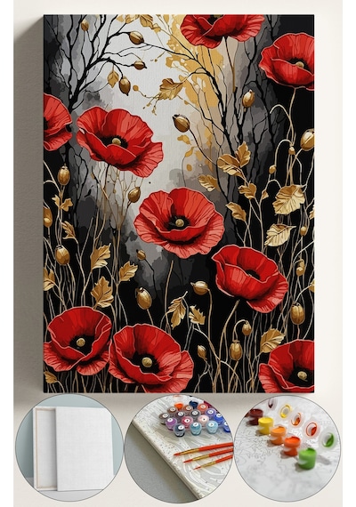 Sayılarla Boyama Seti Numaralı Tuval Fırça Boya 40x50 Cm - Altın Gelincik