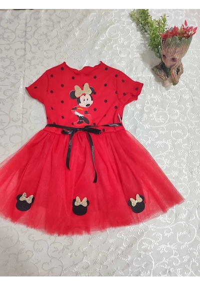 Alfa Expres 2-3-4 Yaş Puantiyeli Mickey Baskılı Kurdela Kuşaklı Astarlı Kız Bebek Tütü Elbisesi Kırmızı Kırmızı