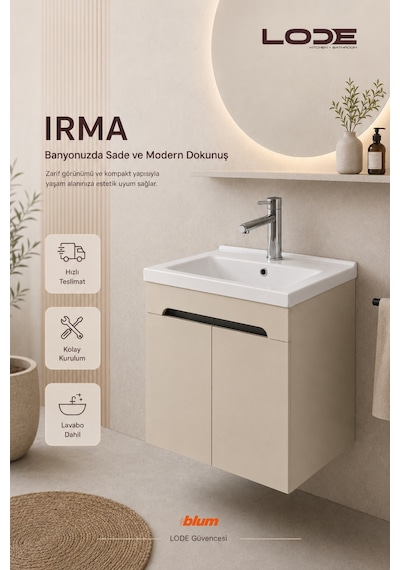 Lode Bath Irma Lavabolu Alt Banyo Dolabı, Kapaklı Banyo Alt Dolabı,seramik Lavabo Dahil 60 Cm Kumtaşı
