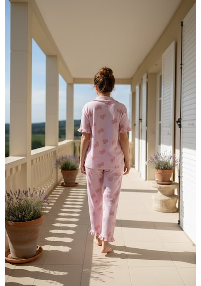 Siyah İnci Bürümcük-krınkıl Kısa Kollu Düğmeli Pijama Takım 26120527 Pembe Fiyonk