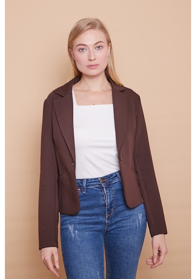 Yakalı Flato Cepli Uzun Kol Pamuklu Kumaş Kısa Blazer Ofis Ceket -kahve Kahve