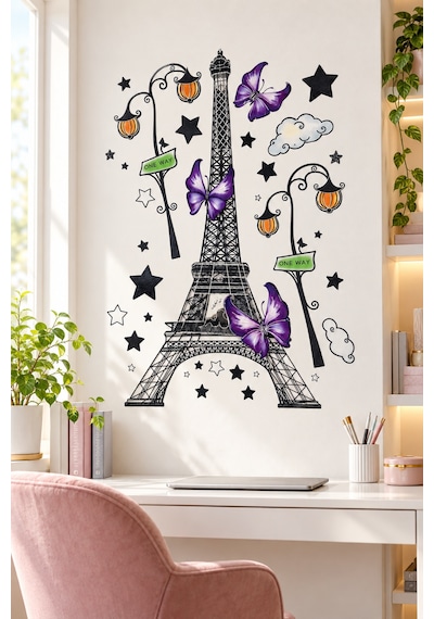 3d Renkli Eyfel Kulesi Duvar Stickerı 32x50 Cm Mor Kelebekli Paris Temalı Oda Duvar Dekorasyonu