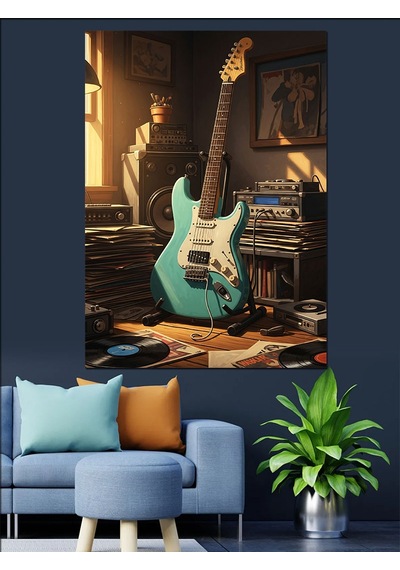 Ahşap Tablo Çalışma Odasındaki Mavi Elektrogitar