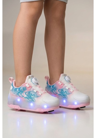 Pepino Kız Çocuk Şarj Edilebilir 16 Mod Rgb Led Işıklı Tekerlekli Paten Ayakkabı Bas-çek Butonlu Beyaz - Pembe Beyaz - Pembe