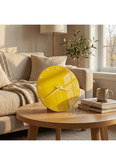 Dekoratif Epoksi Duvar Saati 40 Cm, Neon Sarı Modern Tasarım, Gümüş Detaylı, Sessiz Mekanizma, Yeni Ev Hediyesi Sarı