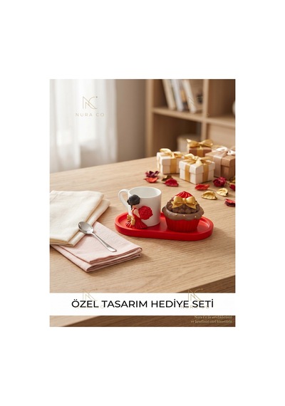 Zarif Fincan Kahve Seti - Dekoratif Cupcake Şekerlik Kırmızı Tabak El Yapımı - Premium