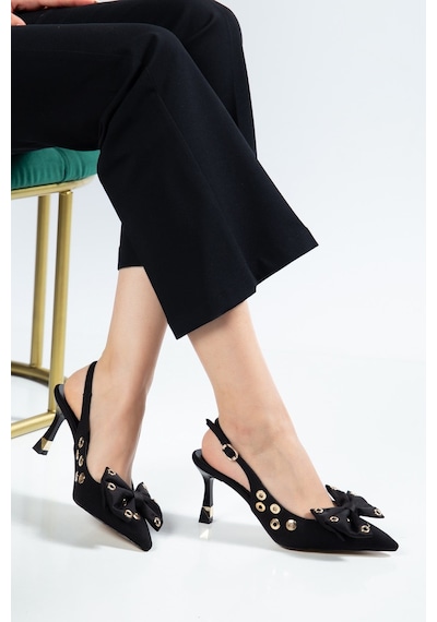 Kadın İnce Topuklu Stiletto Siyah Saten Fiyonklu-4689 Siyah