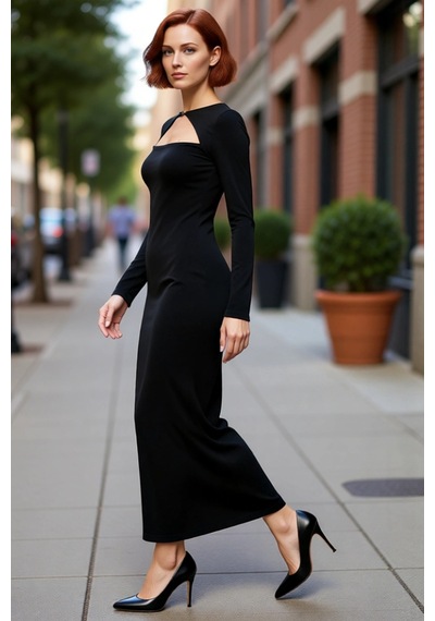 Ersefa Fashion Forward Kadın Bodycon Maxi Elbise Uzun Kollu Bisiklet Yak Siyah