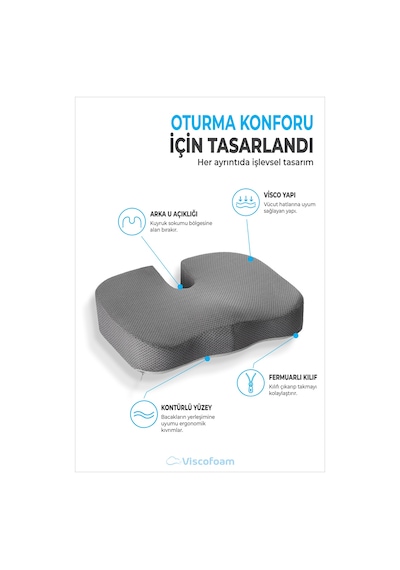 Viscofoam Ortopedik Oturma Minderi Hemeroid Kuyruk Sokumu Coccyx Oturma Minderi Visco Minder Gri