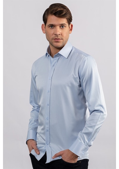 Tudors Modern Slim Fit Düz Saten Erkek Gömlek-23050 Mavi