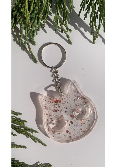 Epoksi İçinde Pembe Glitterli Gümüş Aksesuar Kedi Yüzü Anahtarlık