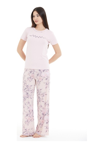 Lılac Kadın Çiçek Desenli %100 Viscon Pijama Takımı Pudra Pembe Pudra Pembe