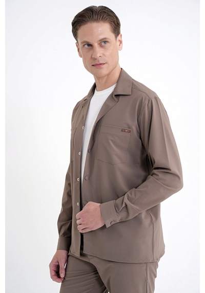 Comfort Fit Apaş Yaka Doku Desenli %100 Pamuk Vizon Gömlek Ceket G 1601