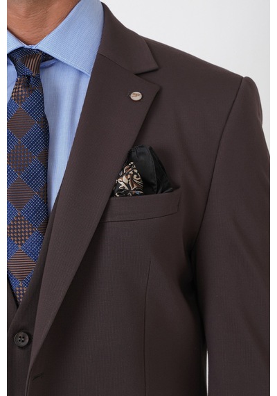 Efor Slim Fit Esnek Pamuklu Dokulu Kahverengi Yelekli Takım Elbise Tk 959