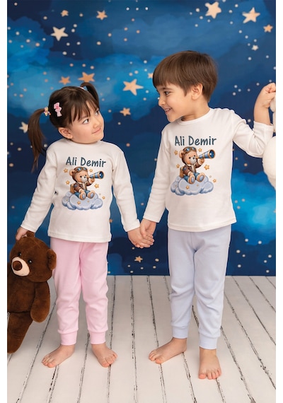 Pia Baby İsme Özel Erkek Çocuk Pijama Takımı %100 Pamuk Penye İsim Baskılı Kişiye Özel Çocuk Pijaması 10078p14pi Krem