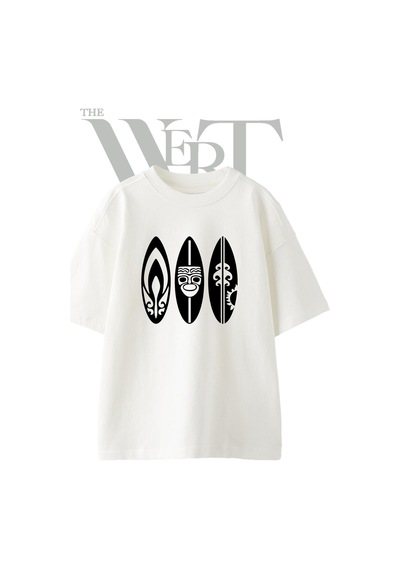 Thewert Surfboard Tiki Tasarım Baskılı Ünisex Beyaz Oversize T-shirt