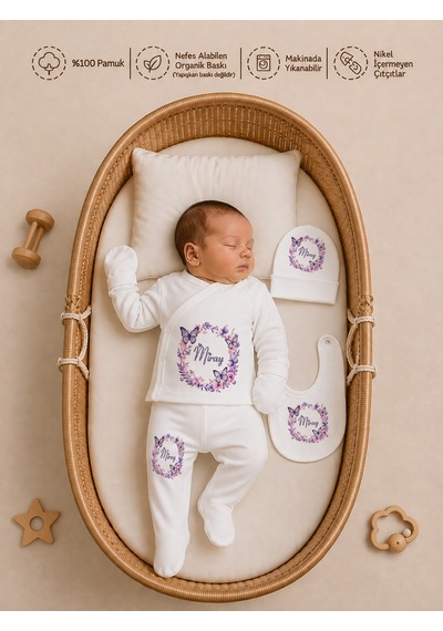 Pia Baby Kişiye Özel Kız Bebek Zıbın Seti 5'li %100 Pamuk İsimli Organik Baskılı 1090z0x Krem