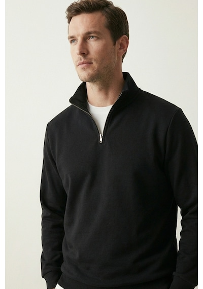 Elemge Pamuklu Erkek Sweatshirt Siyah Soft Touch Relax Fit Yarım Fermuarlı Dik Yaka 3 Iplik Nefes Alan