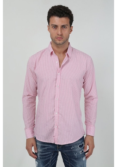Erkek Kalın Dik Çizgili Uzun Kollu Slim Fit Gömlek 21y-4300599 Kırmızı Kırmızı