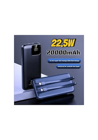 20000mah Powerbank 22.5w Hızlı Şarj Özellikli Type C Ve Lightning Kablolu Pd Taşınabilir Şarj Aleti Siyah