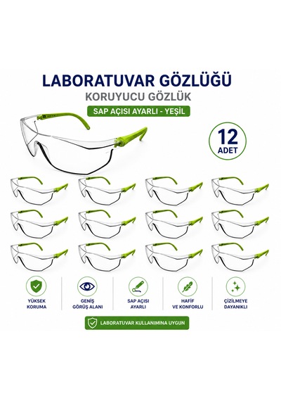 Laboratuvar Gözlüğü -koruyucu Gözlük - Sap Açısı Ayarlı Yeşil 12 Adet