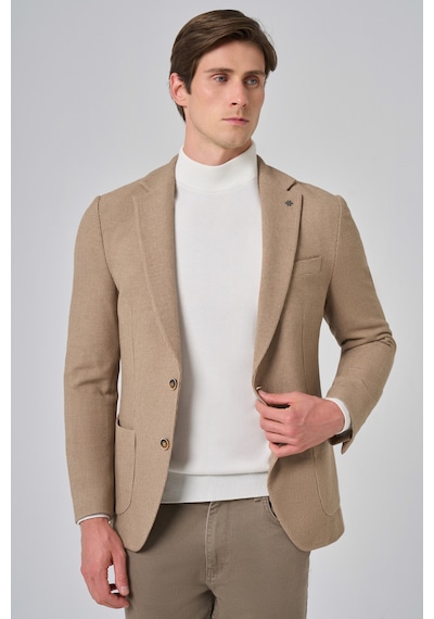 Morven Erkek Bej Poliviskon Trend Desenli Slim Fit Mono Yaka Dokuma Ceket 26ks002001653 Bej