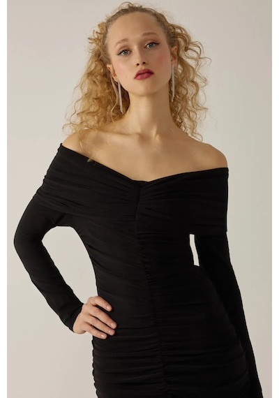 Hiccup Drapeli Off Shoulder Bodycon Maxi Elbise Siyah
