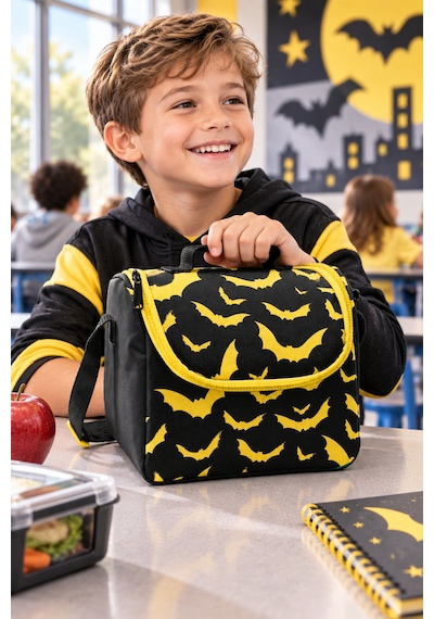 Siyah Sarı Yarasa Termal Isı Yalıtımlı Beslenme Çantası Çocuk Okul Yemek Çantası 22x24x14 Cm Çok Renkli