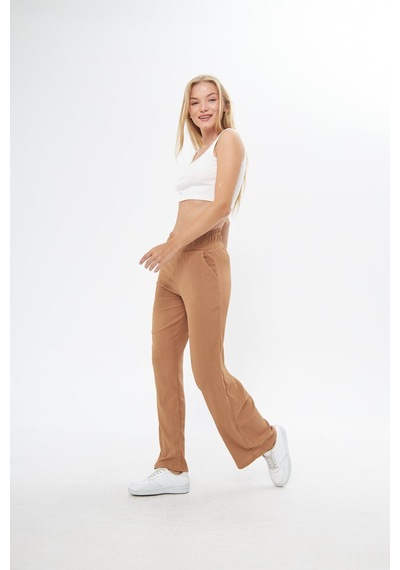 Thiff Gymwear Siyah Beli Lastikli Bol Paça Çift Cepli Yüksek Bel Bürümcük Örme Kadın Pantolon Camel