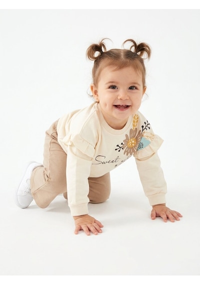 HelloBaby Pamuklu Fırfır Ve Çiçek Detaylı 2li Kız Bebek Takım Krem