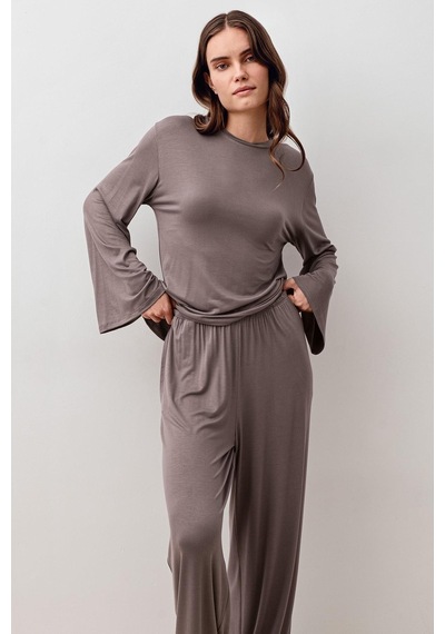 Uzun Kollu Oversize Basic Likralı Viskoz Alt Üst Takım 20210 Vizon