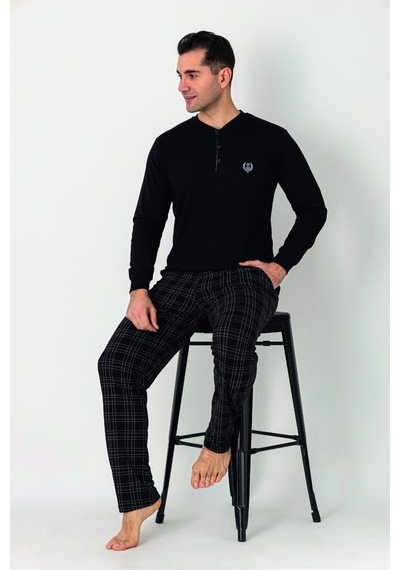 Estiva Erkek Kareli Alt Desenli Siyah Uzun Kollu Patlı Penye Pijama Takımı Çok renkli