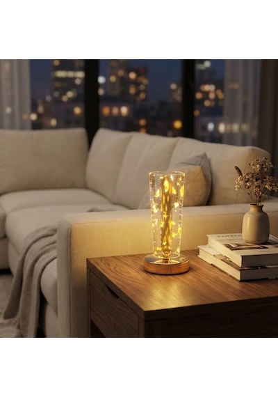 Silindirik Kristal Altın Toz Model Led Masa Lambası Gold Tabanlı, Dokunmatik, 3 Renk Işık Modlu, Şarjlı Modern Dekoratif Gece Lambası 5570 Beyaz