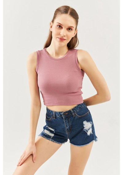 Butikgiz Kadın Sıfır Kol Bisiklet Yaka Vücuda Oturan %100 Pamuklu Kaşkorse Esnek Crop Bluz Gül Kurusu