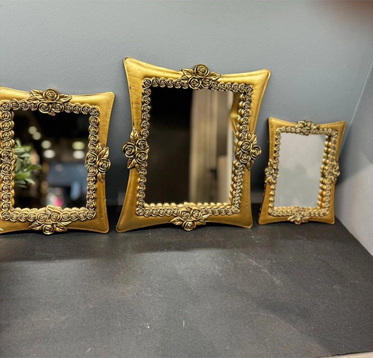 Dekoratif Polyester Üçlü Kare Ayna Takımı Gold Eskitme