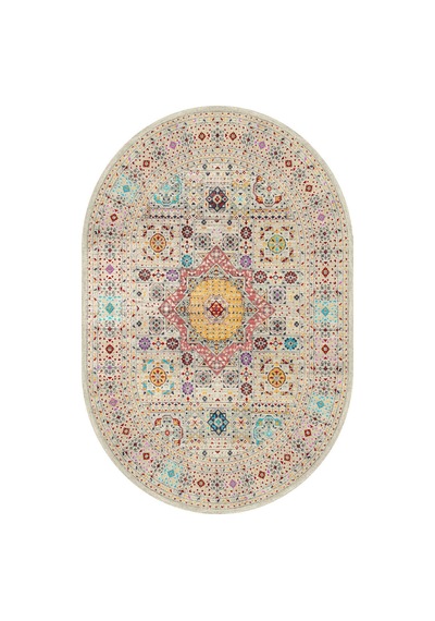 Frenda Home Fas Kapısı Desenli Yıkanabilir Pamuk Taban Oval Halı Krem