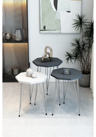 3'lü Sekizgen Zigon Sehpa Seti - Gümüş Metal Ayaklı, Modern & Şık Yan Sehpa, Dayanıklı Salon Ofis Beyaz Antrasit