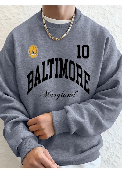 Startmore Tarzsokak Baltimore Maryland Amblem Baskıları Erkek Tişörtü Sonbahar Bisiklet Yaka Kapüşonlu Üst Temel Gri