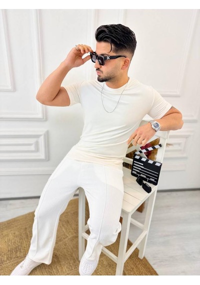 T-shirt Slim Fit Tişört Dar Kesim Kadife Tişört Beyaz
