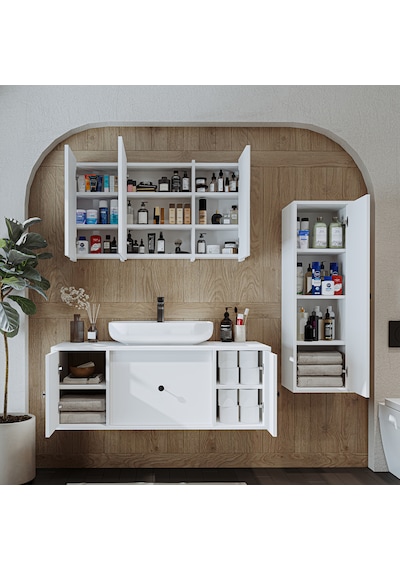 Oval Lavabolu Mat Mdf 120 Cm Banyo Dolabı + Aynalı Dolabı Beyaz Mat Beyaz