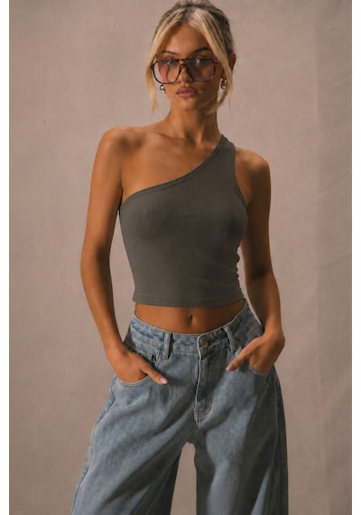 Tarz Cool Kadın Tek Omuz Crop Atlet Esnek Slim Fit Süprem Kumaş Asimetrik Yaka Bluz Haki