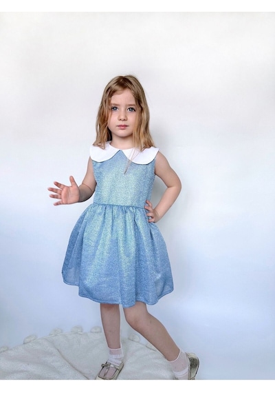 Linola Baby Kids Shiny Simli Bebe Yakalı Çocuk Elbisesi Mavi