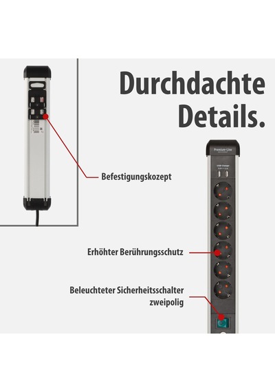 Brennenstuhl Premium-alu-line Çoklu Priz, Usb/çoklu Priz, 6 Bölmeli, Yüksek Kaliteli Alüminyum 3 M Kablolu Ve Şalterli Priz, 2 Bölmeli Usb 3,1 A, Almanya'da Üretilmiştir