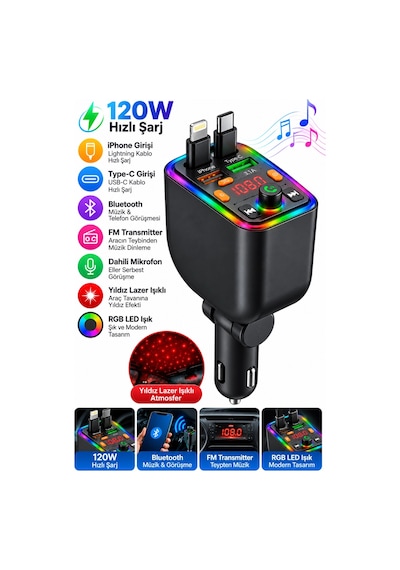 Castu T6 120w Hızlı Araç Şarj Cihazı Fm Transmitter Bluetooth Araç Kit Yıldız Lazer Işıklı