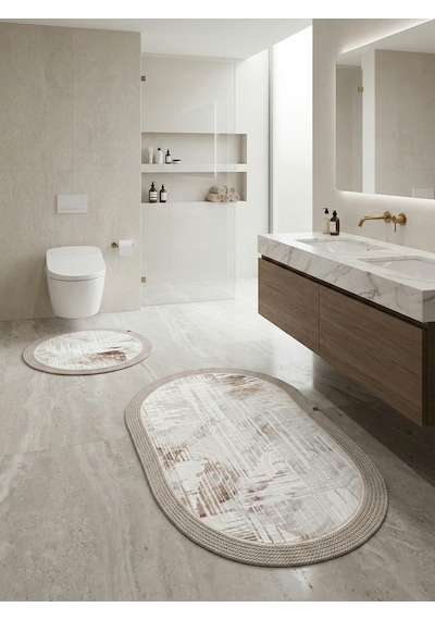 Melena Carpet Premium Kaymaz Taban Banyo Paspası Jüt Kenar Detaylı Oval Yuvarlak Set 100x60-60x60 Beyaz-gri
