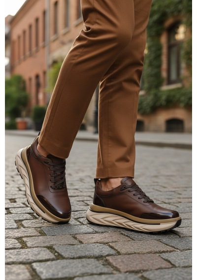 Kahve Hakiki Deri Bağcıklı Erkek Sneaker 152-22390 M Kahve