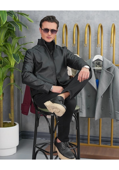 Modefendi Slim Fit Kalıp Hakim Yaka Ribanası Asimetrik Model İthal Deri Mont Renkli